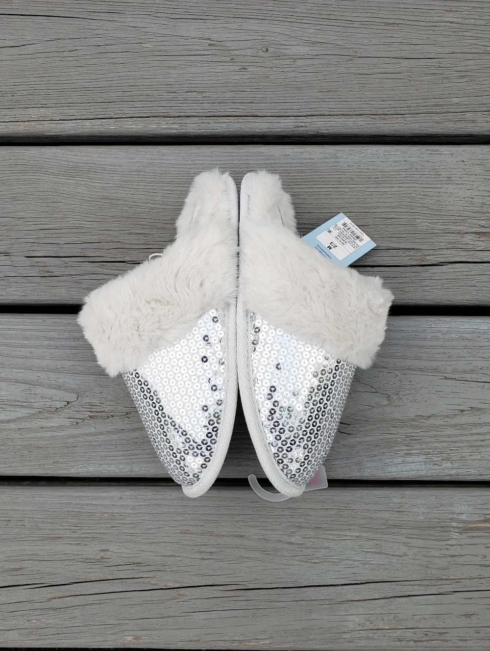 Cat & Jack Silver Sequins Faux Fur Slippers Size Medium (2 - 3)